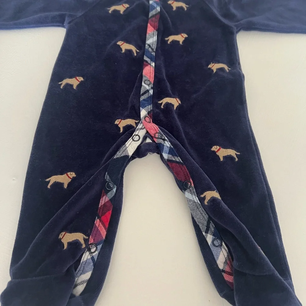 Mud Pie Navy Velour Puppy Dog Footed Sleeper Pajamas 0-3M Plaid Trim Unisex